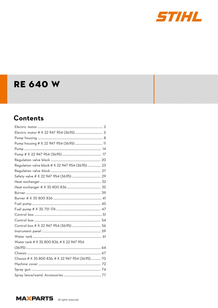 Cover of the STIHL RE 640 W (ID 47060114520) illustrated parts catalogue PDF, showing the model name and contents.