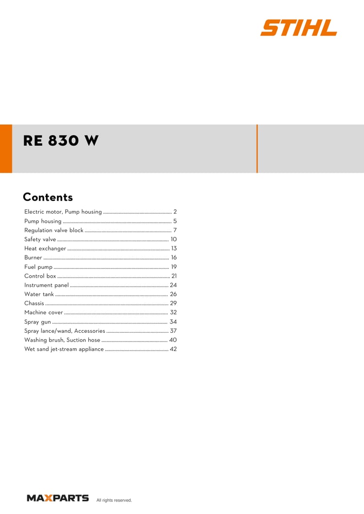Cover of the STIHL RE 830 W illustrated parts catalogue PDF, showing the model name and contents.