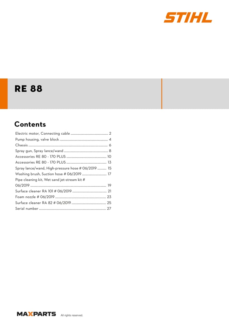 Cover of the STIHL RE 88 illustrated parts catalogue PDF, showing the model name and contents.