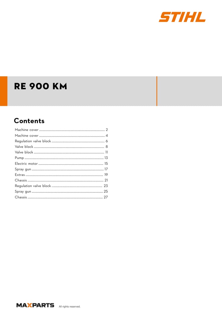 Cover of the STIHL RE 900 KM illustrated parts catalogue PDF, showing the model name and contents.