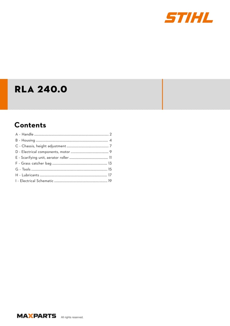 Cover of the STIHL RLA 240.0 illustrated parts catalogue PDF, showing the model name and contents.