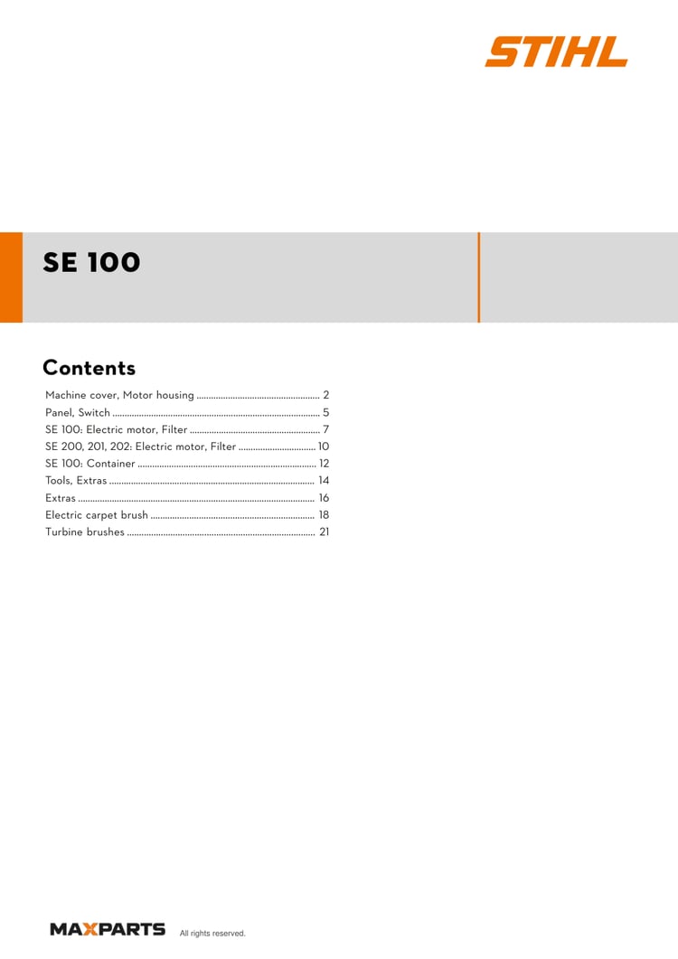 Cover of the STIHL SE 100 (ID 47090114500) illustrated parts catalogue PDF, showing the model name and contents.