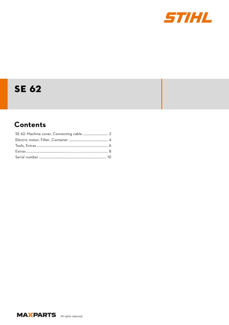 Cover of the STIHL SE 62 illustrated parts catalogue PDF, showing the model name and contents.