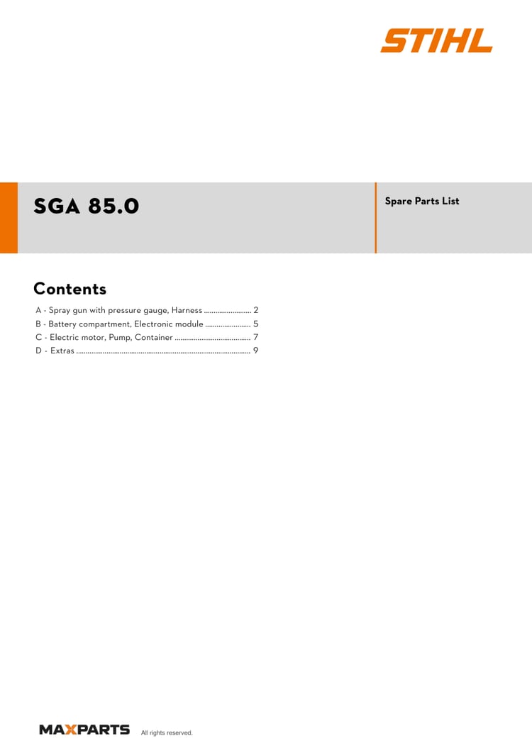 Cover of the STIHL SGA 85.0 illustrated parts catalogue PDF, showing the model name and contents.