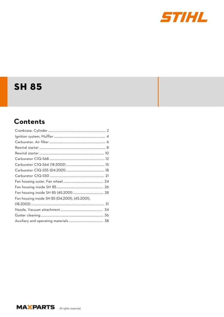 Cover of the STIHL SH 85 illustrated parts catalogue PDF, showing the model name and contents.