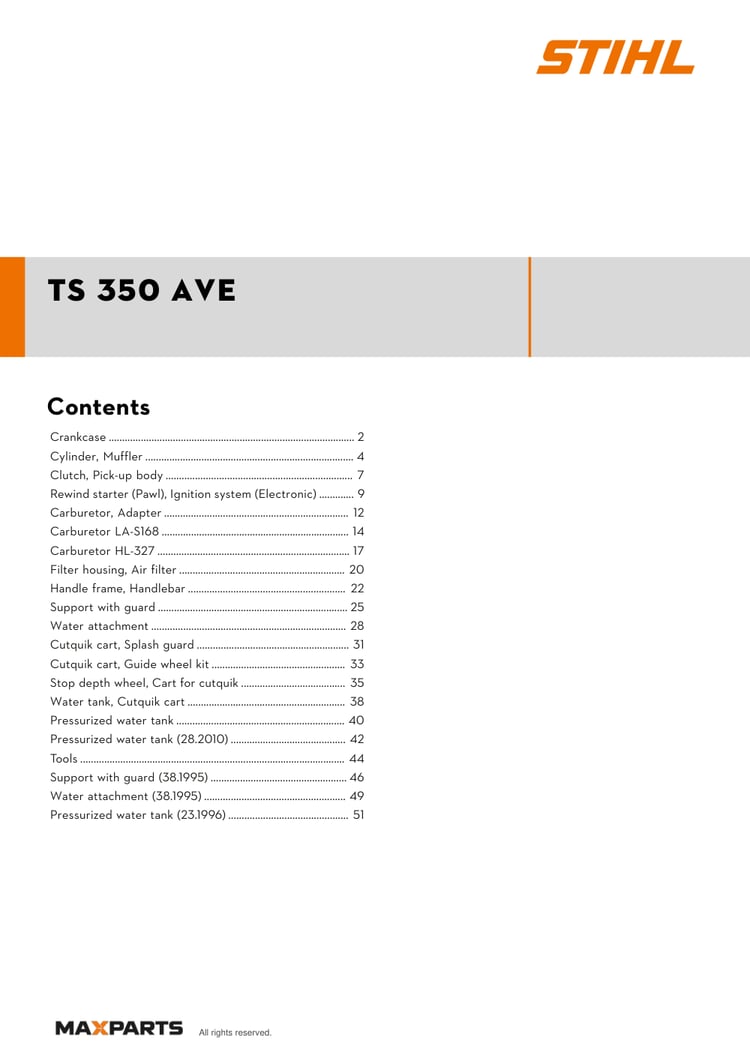 Cover of the STIHL TS 350 AVE illustrated parts catalogue PDF, showing the model name and contents.