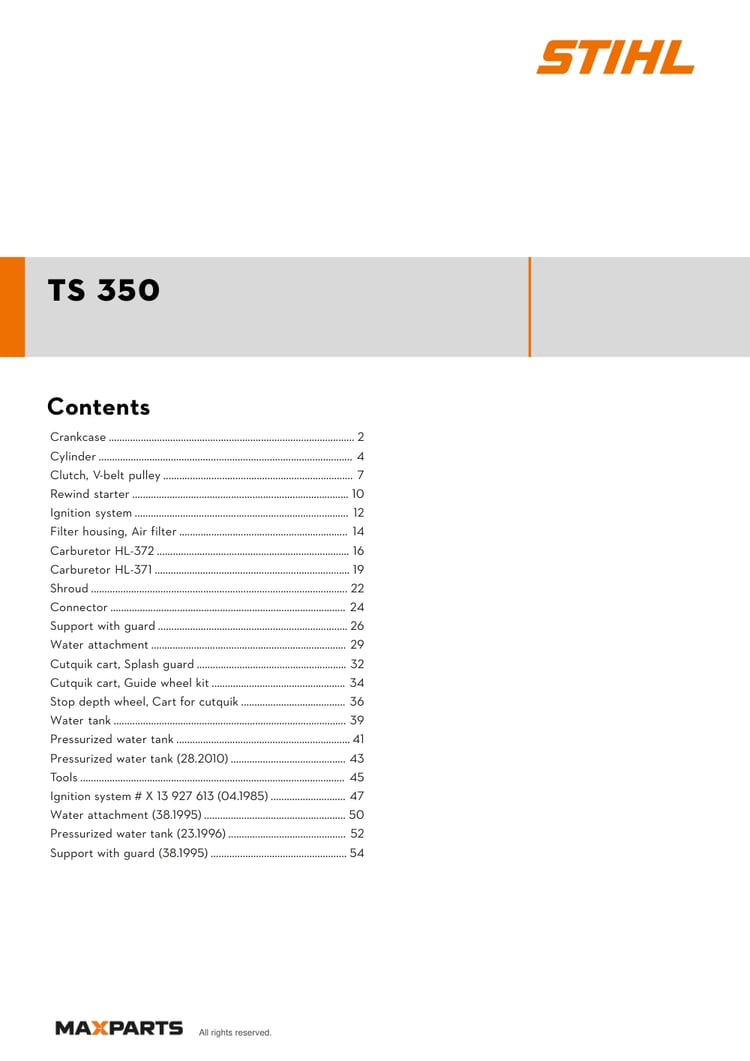 Cover of the STIHL TS 350 illustrated parts catalogue PDF, showing the model name and contents.