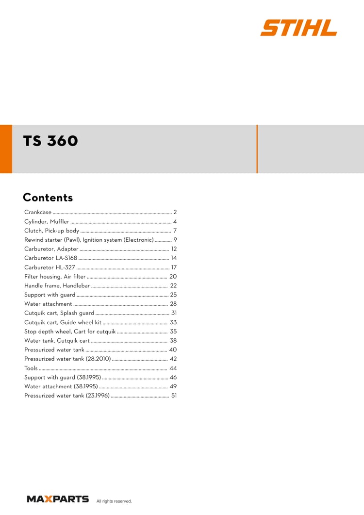 Cover of the STIHL TS 360 illustrated parts catalogue PDF, showing the model name and contents.