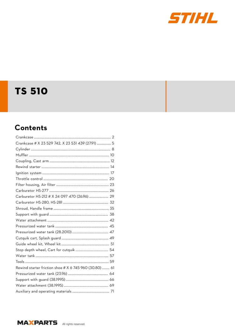 Cover of the STIHL TS 510 illustrated parts catalogue PDF, showing the model name and contents.