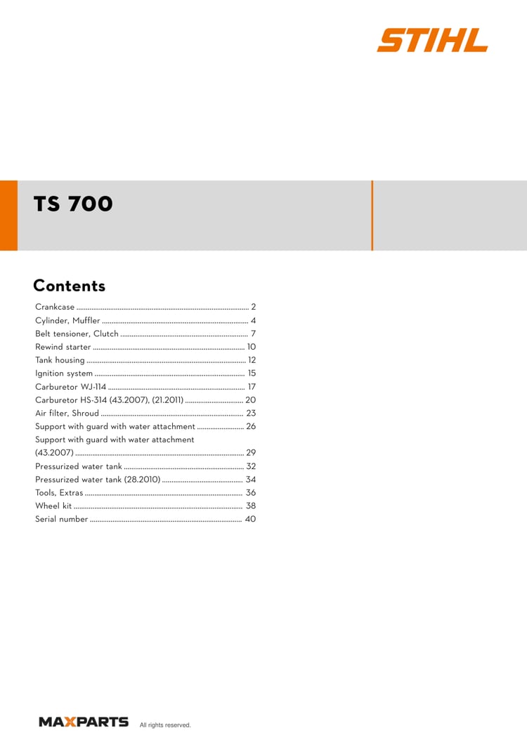Cover of the STIHL TS 700 illustrated parts catalogue PDF, showing the model name and contents.