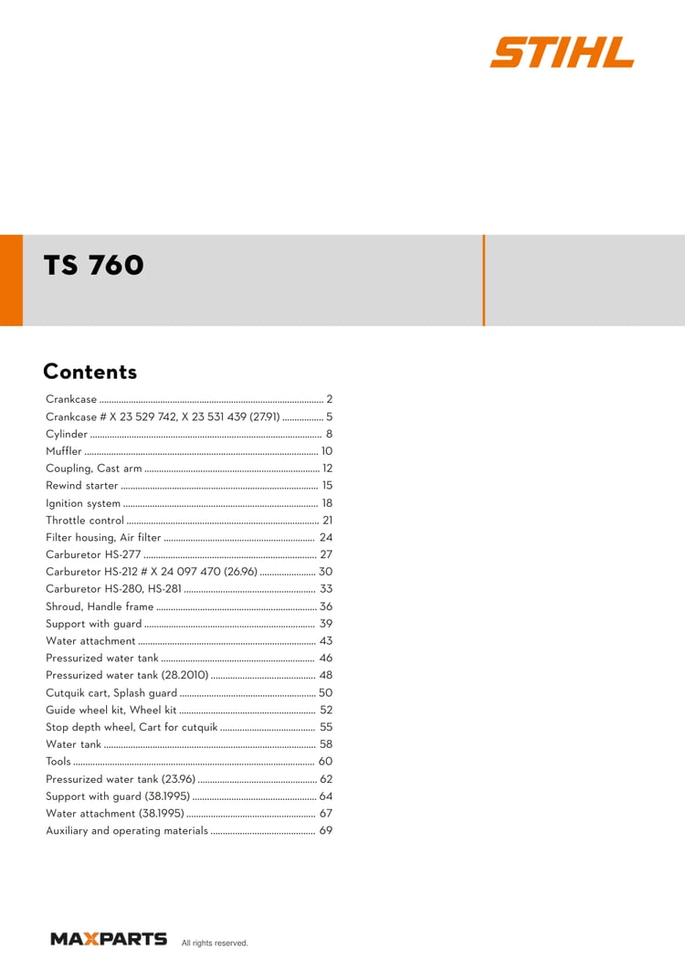 Cover of the STIHL TS 760 illustrated parts catalogue PDF, showing the model name and contents.