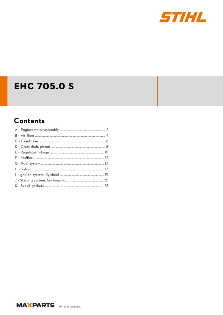 Cover of the STIHL EHC 705.0 S illustrated parts catalogue PDF, showing the model name and contents.
