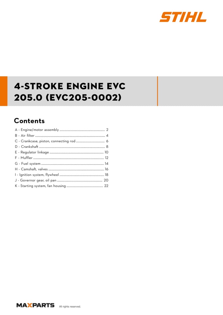 Cover of the STIHL 4-stroke engine EVC 205.0 (EVC205-0002) illustrated parts catalogue PDF, showing the model name and contents.