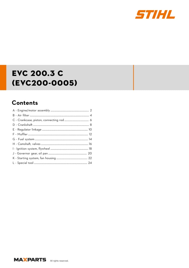 Cover of the STIHL EVC 200.3 C (EVC200-0005) illustrated parts catalogue PDF, showing the model name and contents.