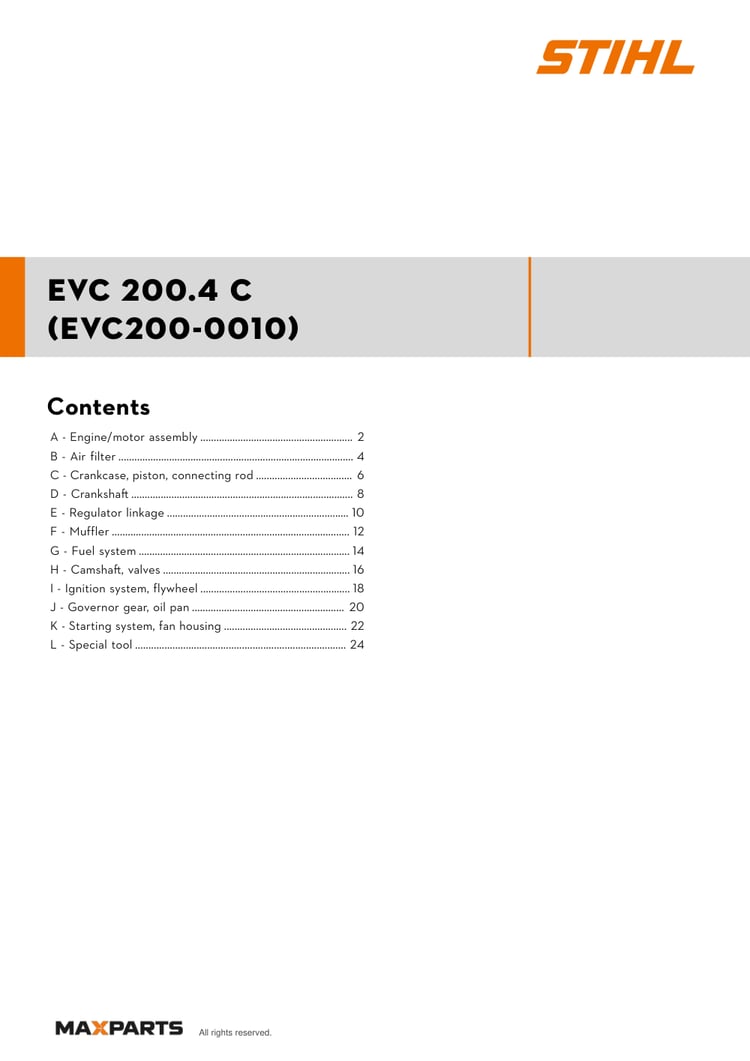 Cover of the STIHL EVC 200.4 C (EVC200-0010) illustrated parts catalogue PDF, showing the model name and contents.