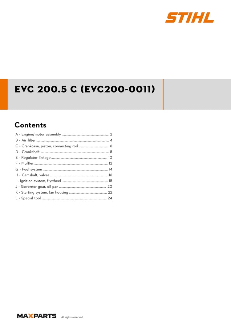Cover of the STIHL EVC 200.5 C (EVC200-0011) illustrated parts catalogue PDF, showing the model name and contents.