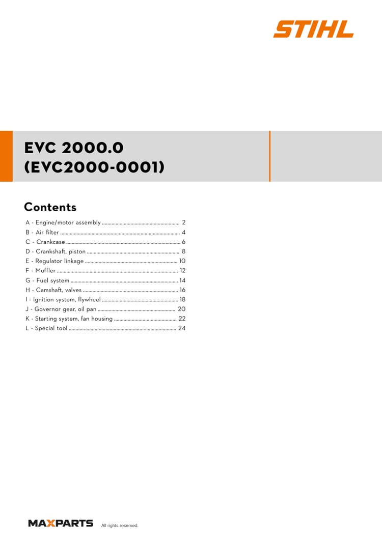 Cover of the STIHL EVC 2000.0 (EVC2000-0001) illustrated parts catalogue PDF, showing the model name and contents.