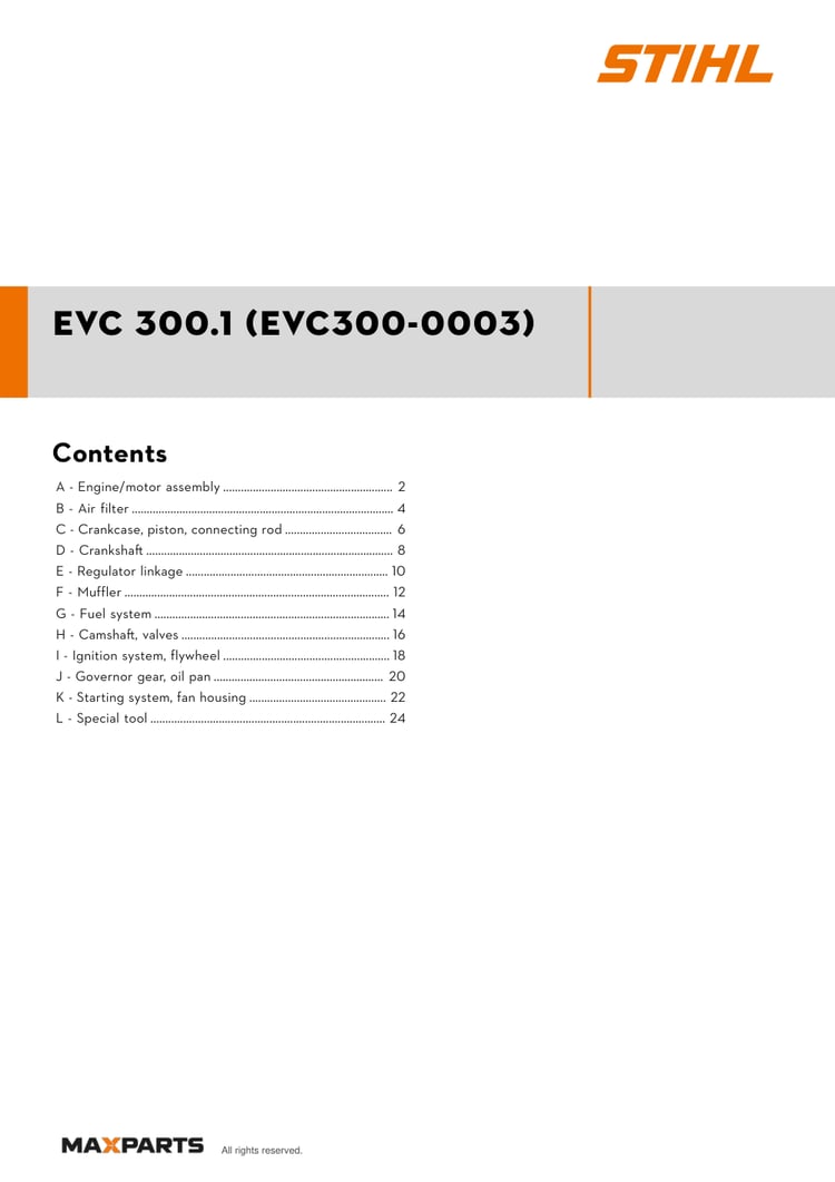 Cover of the STIHL EVC 300.1 (EVC300-0003) illustrated parts catalogue PDF, showing the model name and contents.