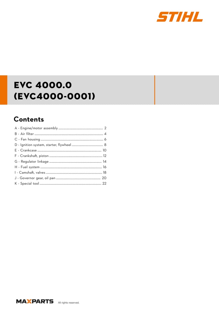 Cover of the STIHL EVC 4000.0 (EVC4000-0001) illustrated parts catalogue PDF, showing the model name and contents.