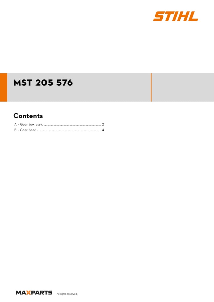 Cover of the STIHL MST 205 576 illustrated parts catalogue PDF, showing the model name and contents.