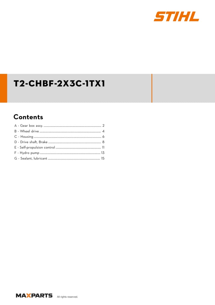 Cover of the STIHL T2-CHBF-2X3C-1TX1 illustrated parts catalogue PDF, showing the model name and contents.