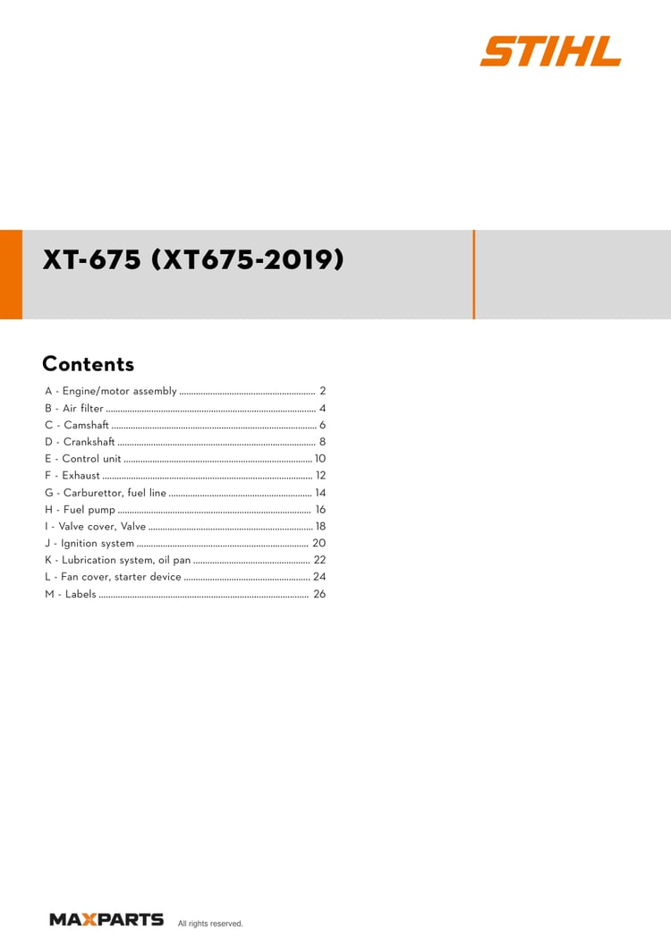Cover of the Kohler XT-675 (XT675-2019) illustrated parts catalogue PDF, showing the model name and contents.