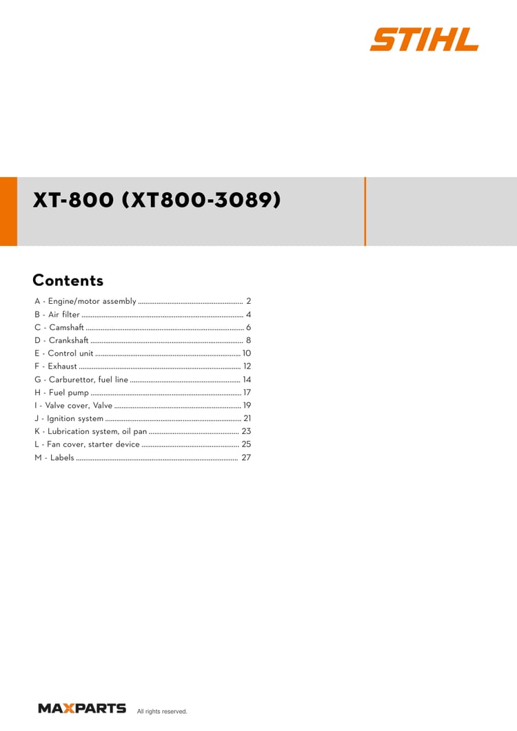 Cover of the Kohler XT-800 (XT800-3089) illustrated parts catalogue PDF, showing the model name and contents.