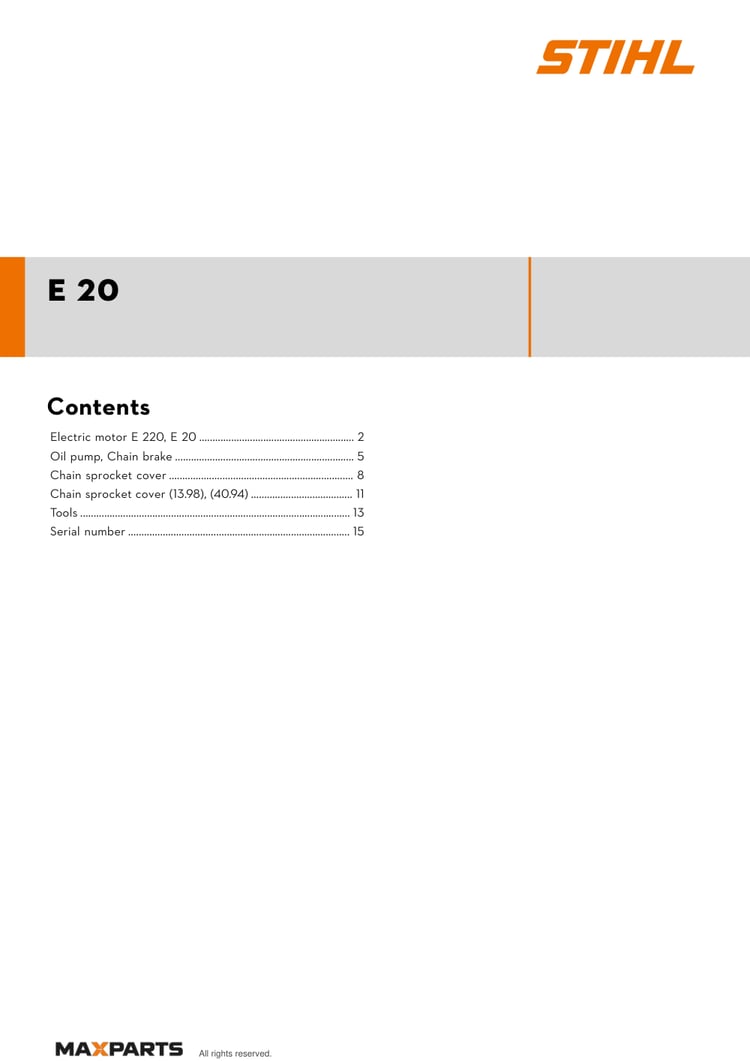 Cover of the STIHL E 20 illustrated parts catalogue PDF, showing the model name and contents.