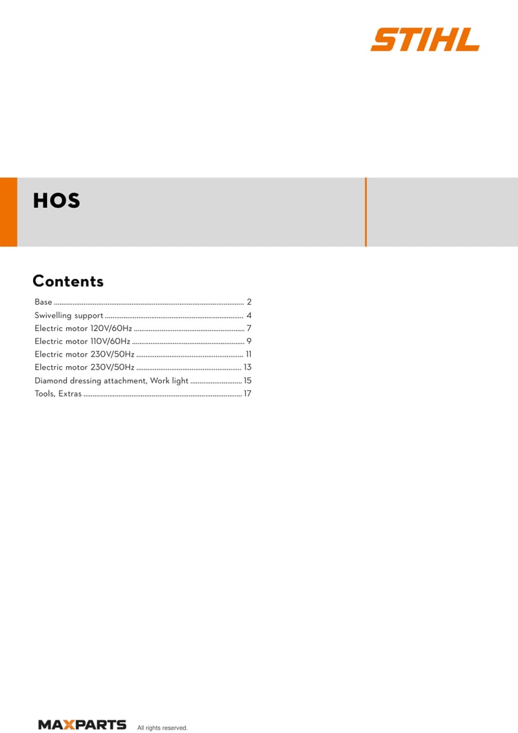 Cover of the STIHL HOS illustrated parts catalogue PDF, showing the model name and contents.
