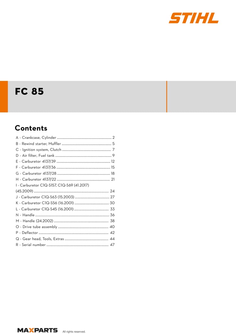 Cover of the STIHL FC 85 illustrated parts catalogue PDF, showing the model name and contents.