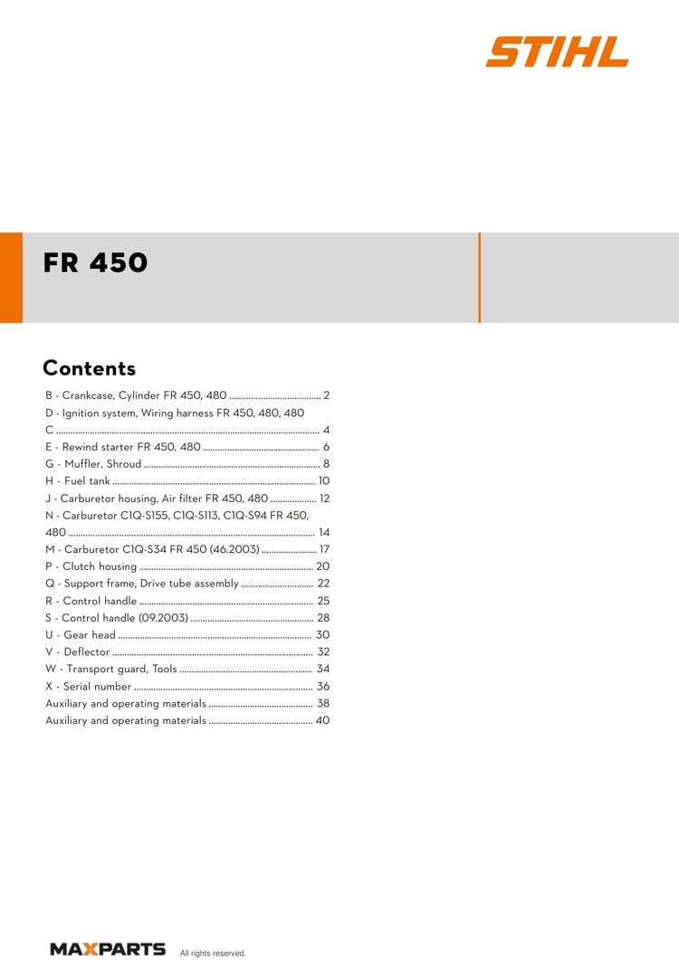 Cover of the STIHL FR 450 illustrated parts catalogue PDF, showing the model name and contents.