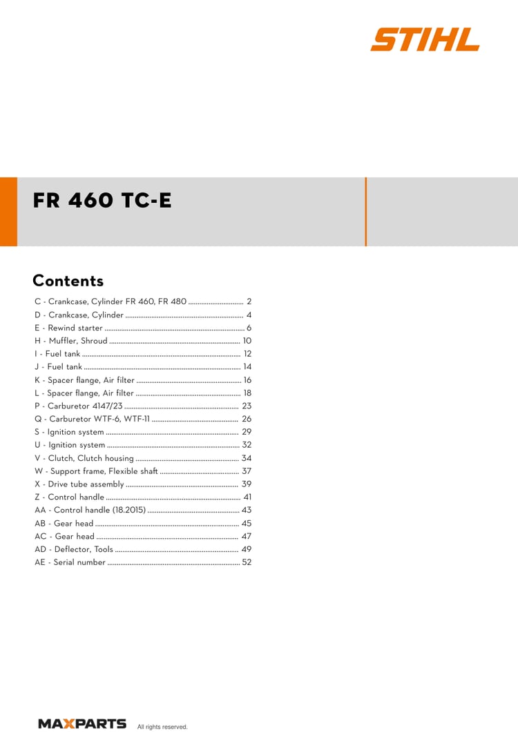 Cover of the STIHL FR 460 TC-E illustrated parts catalogue PDF, showing the model name and contents.