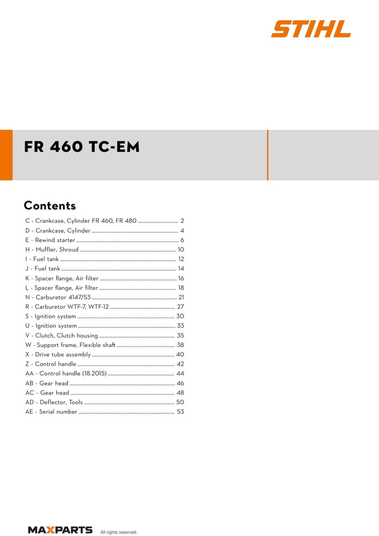 Cover of the STIHL FR 460 TC-EM illustrated parts catalogue PDF, showing the model name and contents.