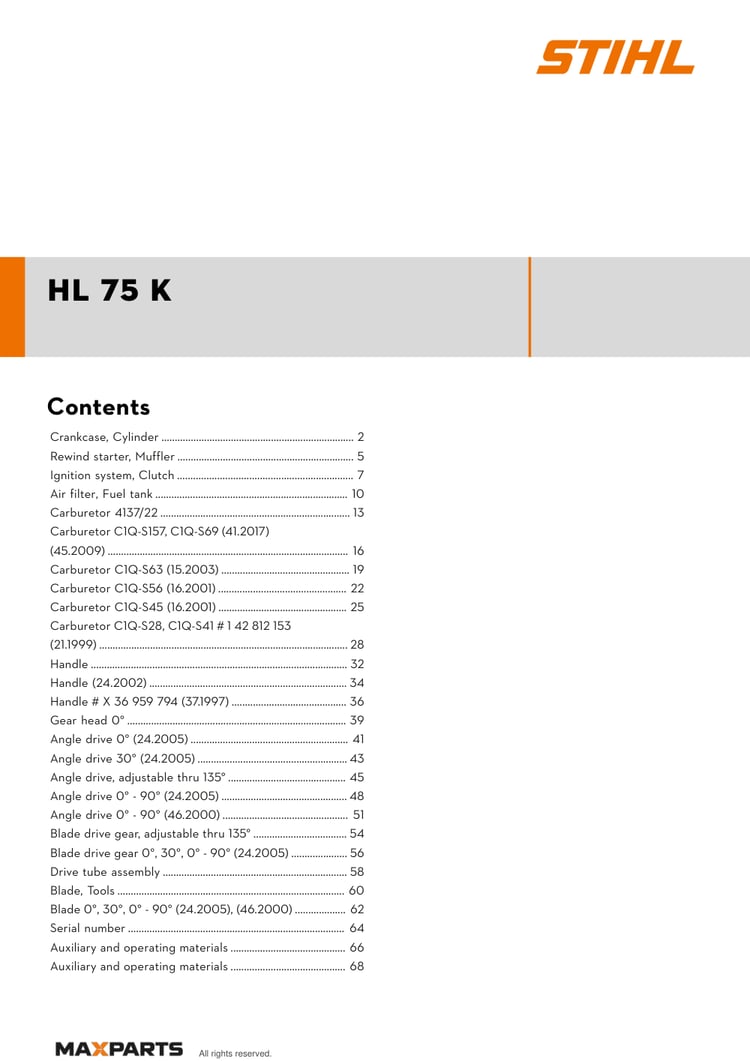 Cover of the STIHL HL 75 K illustrated parts catalogue PDF, showing the model name and contents.