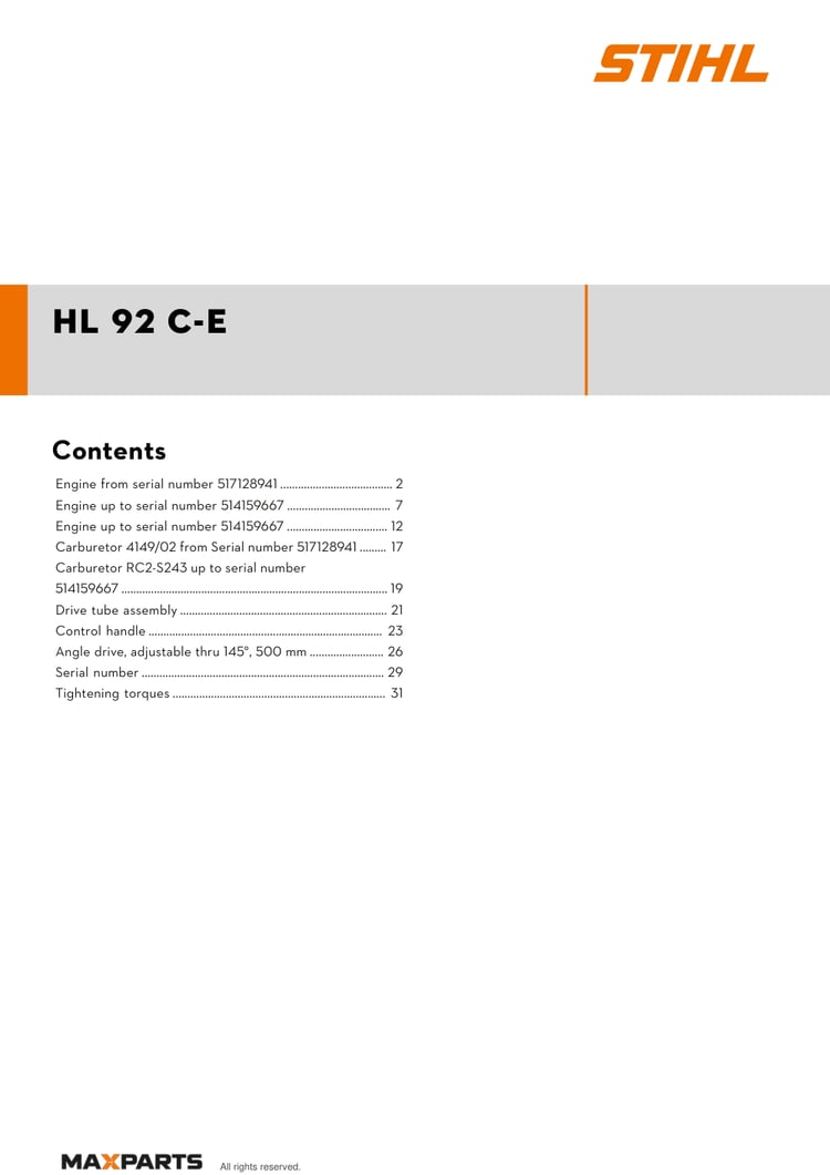 Cover of the STIHL HL 92 C-E illustrated parts catalogue PDF, showing the model name and contents.