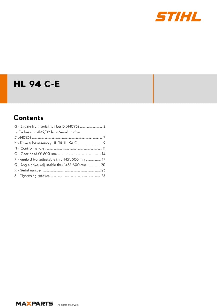 Cover of the STIHL HL 94 C-E illustrated parts catalogue PDF, showing the model name and contents.