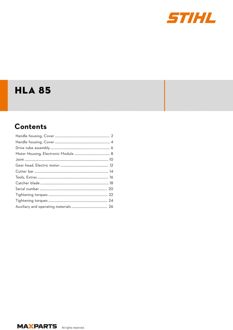 Cover of the STIHL HLA 85 illustrated parts catalogue PDF, showing the model name and contents.