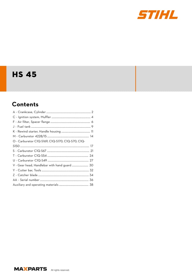 Cover of the STIHL HS 45 illustrated parts catalogue PDF, showing the model name and contents.