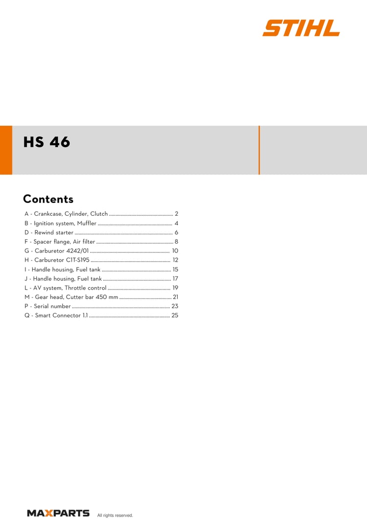 Cover of the STIHL HS 46 illustrated parts catalogue PDF, showing the model name and contents.