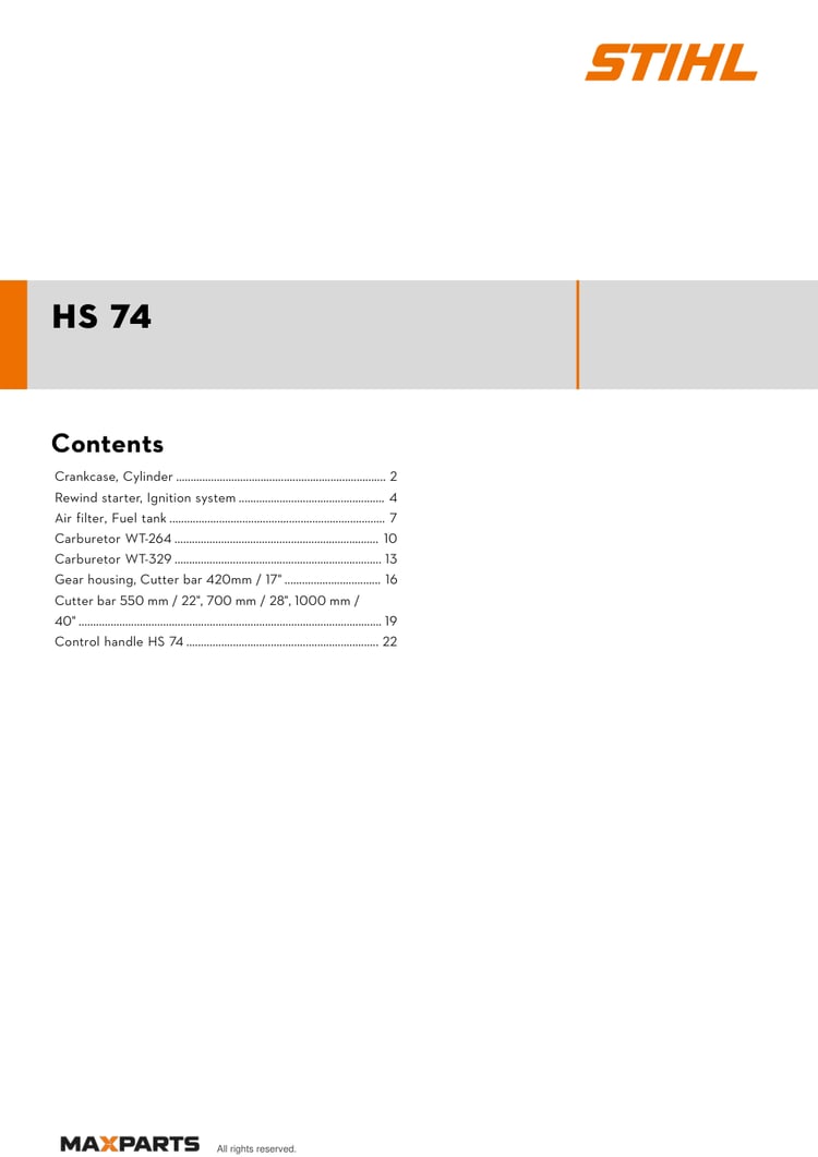 Cover of the STIHL HS 74 illustrated parts catalogue PDF, showing the model name and contents.