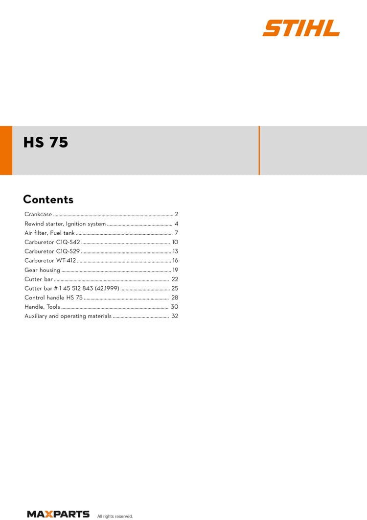 Cover of the STIHL HS 75 illustrated parts catalogue PDF, showing the model name and contents.