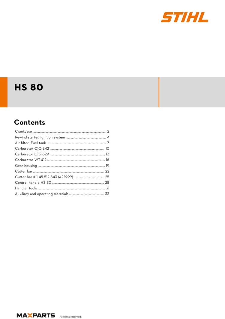 Cover of the STIHL HS 80 illustrated parts catalogue PDF, showing the model name and contents.