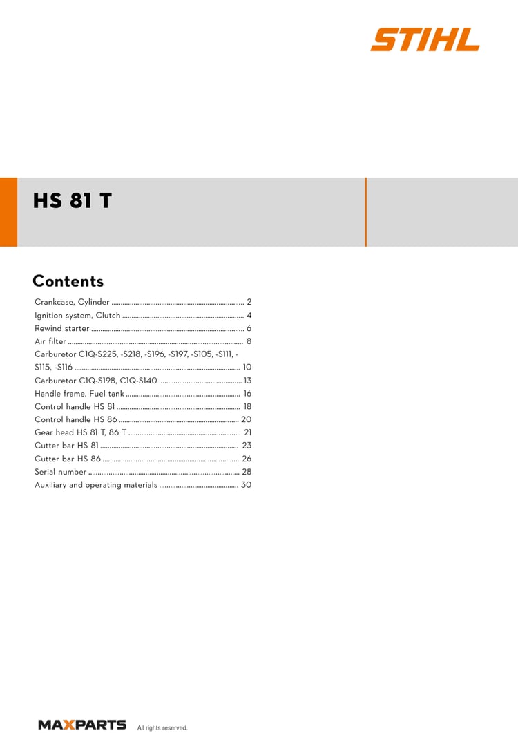 Cover of the STIHL HS 81 T illustrated parts catalogue PDF, showing the model name and contents.