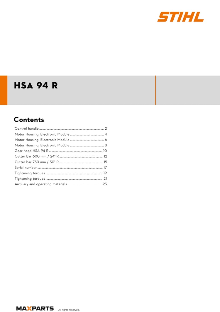 Cover of the STIHL HSA 94 R illustrated parts catalogue PDF, showing the model name and contents.