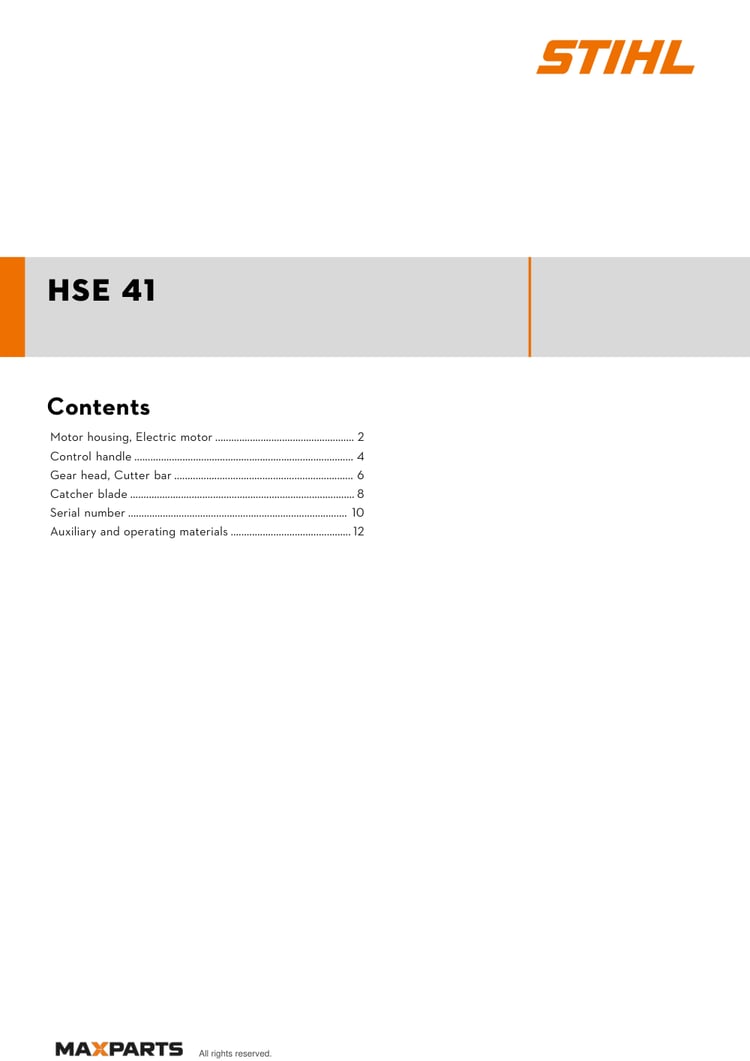 Cover of the STIHL HSE 41 illustrated parts catalogue PDF, showing the model name and contents.