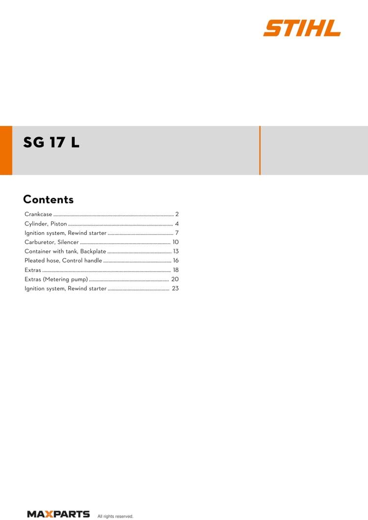 Cover of the STIHL SG 17 L illustrated parts catalogue PDF, showing the model name and contents.