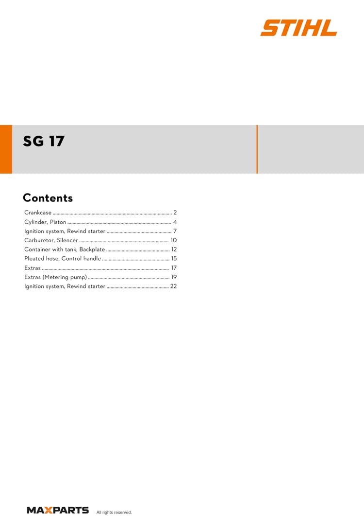Cover of the STIHL SG 17 illustrated parts catalogue PDF, showing the model name and contents.