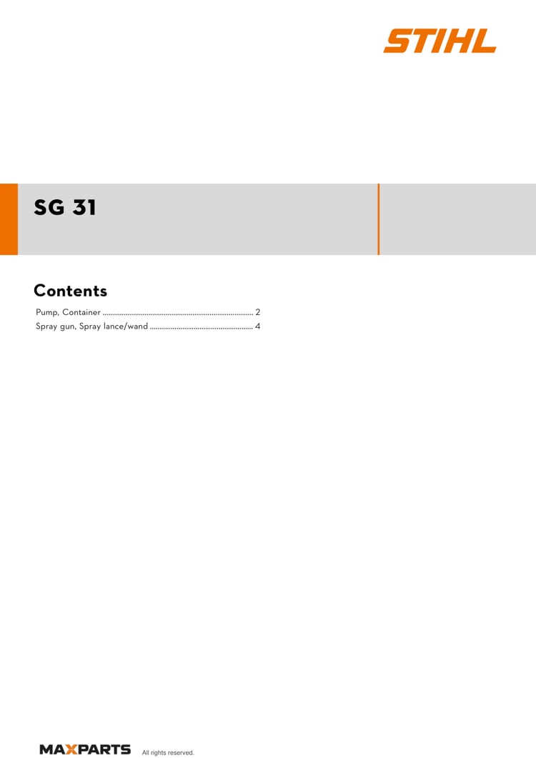 Cover of the STIHL SG 31 illustrated parts catalogue PDF, showing the model name and contents.
