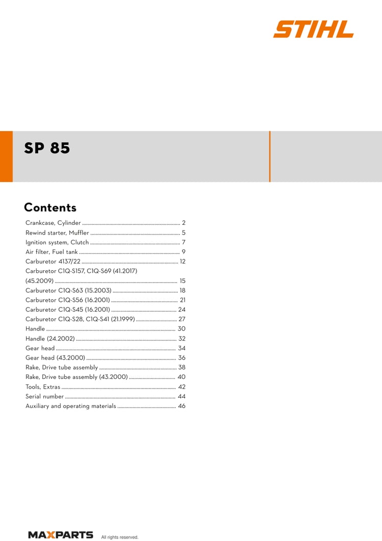 Cover of the STIHL SP 85 illustrated parts catalogue PDF, showing the model name and contents.