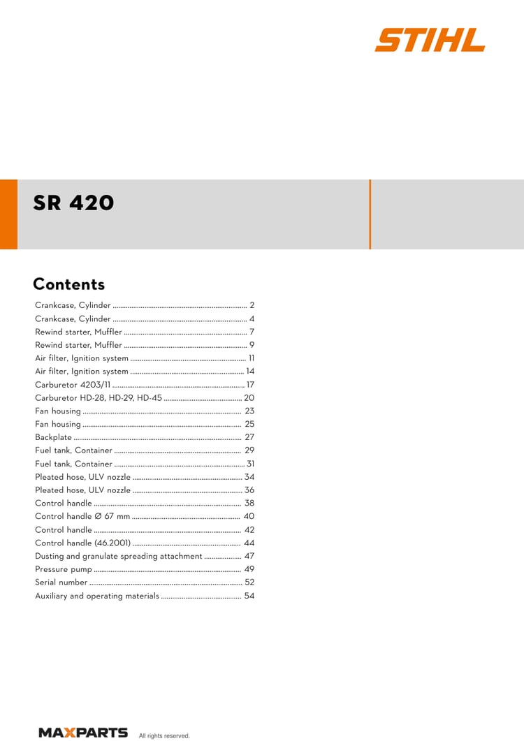 Cover of the STIHL SR 420 illustrated parts catalogue PDF, showing the model name and contents.